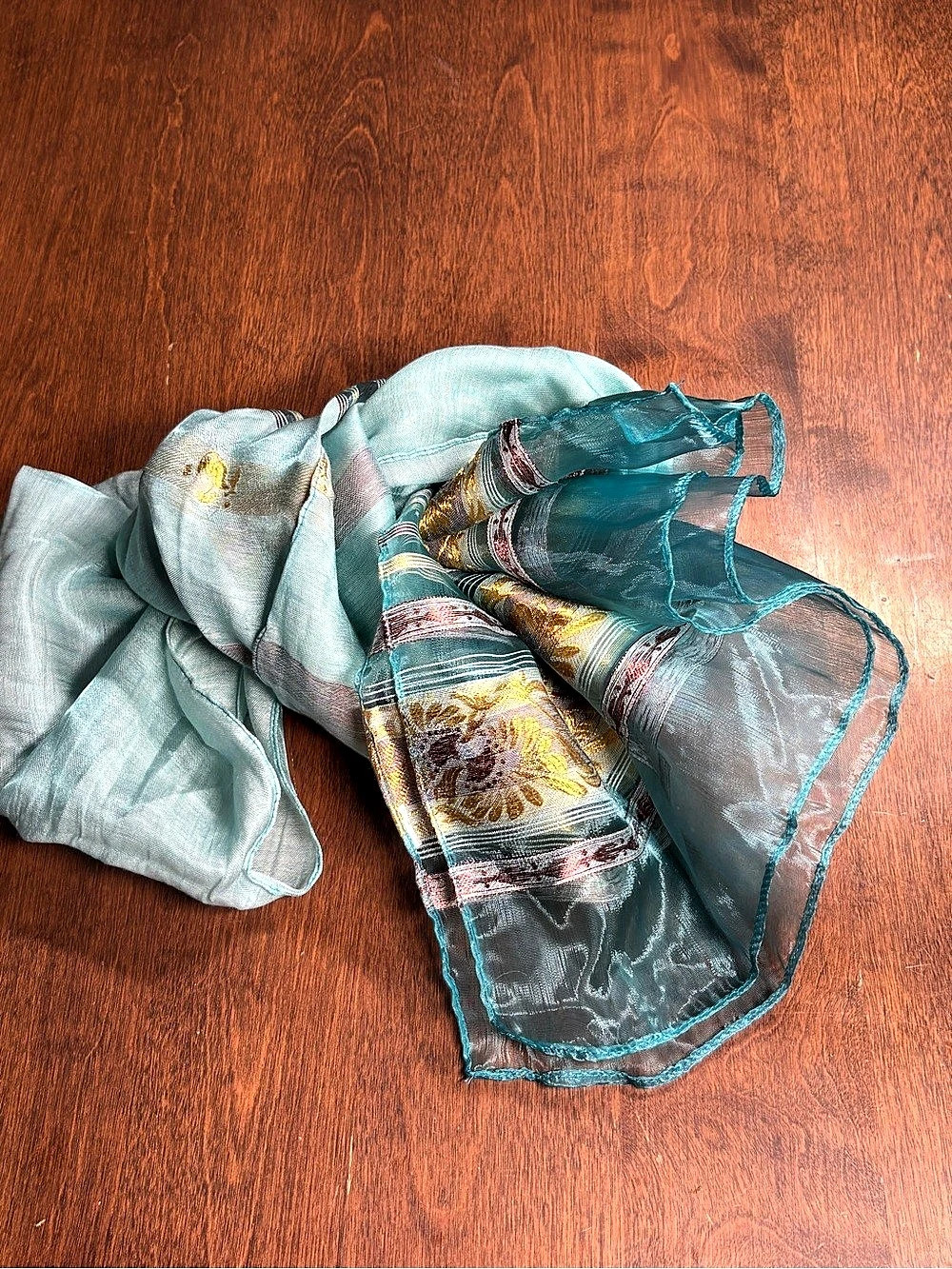 Vintage Sari Scarf Sheer Mint Blue & Metallic Gold Wrap